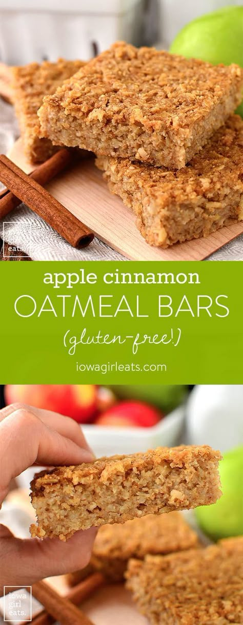 Apple Cinnamon Oatmeal Bars, Oatmeal Bars Healthy, Apple Cinnamon Oatmeal, Breakfast Oatmeal, Gluten Free Breakfast, Apple Oatmeal, Cinnamon Oatmeal, Iowa Girl Eats, Oatmeal Bars