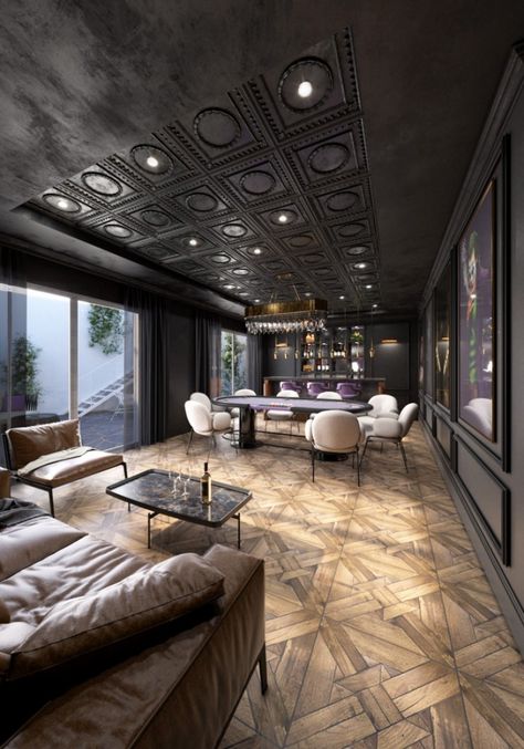 Poker Room Man Cave, Modern Poker Room, Poker Room Ideas Interior Design, Poker Room Design, Home Poker Room, Dark Game Room, Luxury Entertainment Room, Poker Room Ideas, Gentlemen Room