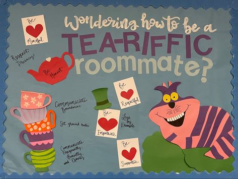 Alice In Wonderland Bulletin Board Ideas, Alice In Wonderland Bulletin Board, Healthy Relationships Bulletin Board, Elementary School Office, Res Life Bulletin Boards, Resident Assistant Bulletin Boards, Ra Themes, Work Bulletin Boards, Resident Advisor