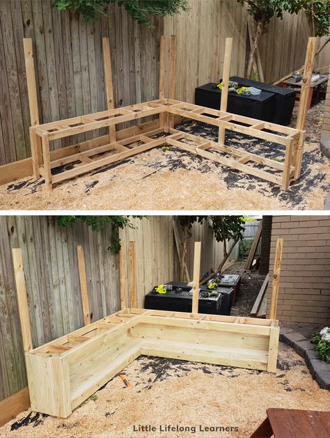 Our DIY Mud Kitchen - Little Lifelong Learners Sandbox With Mud Kitchen, Mud Kitchen Diy Plans, L Shaped Mud Kitchen, Diy Mud Table, Easy Mud Kitchen Diy, Diy Mud Kitchen Outdoor Play, Outdoor Mud Kitchens For Kids, Toddler Mud Kitchen, Kids Outdoor Kitchen