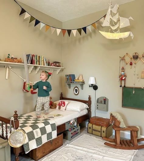 Antique Kids Room, Woodsy Playroom, Peter Pan Room, Toddler Room Ideas For Boys, Simple Kids Room, Kids Room Aesthetic, Peter Pan Bedroom, Vintage Boys Bedrooms, Vintage Playroom