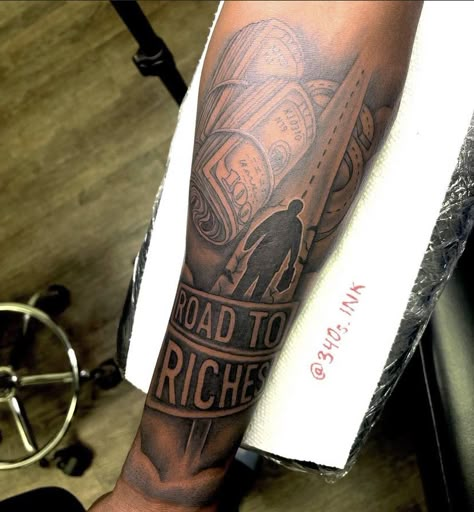 Lifes A Gamble Tattoo, Arm Tattoos Black, Road To Riches, Arm Tattoos For Guys Forearm, Half Sleeve Tattoo Stencils, Loyalty Tattoo, Family Tattoos For Men, Black Men Tattoos, Forearm Tattoo Quotes