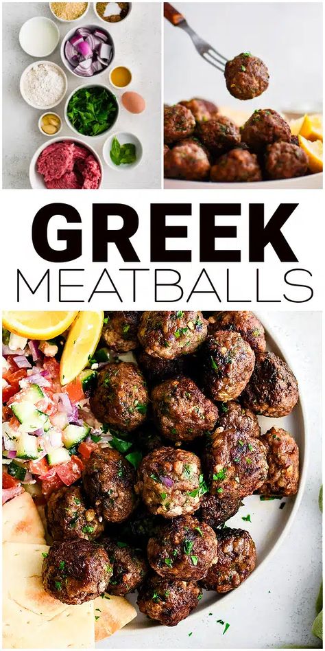 Tender and delicious Greek Meatballs made with lean ground beef, red onion, garlic, spices, and fresh herbs like mint and parsley. Pan-fried until golden brown, these juicy meatballs are perfect as an appetizer, snack, or main dish with pita bread, salad, or tzatziki. Greek Meatballs Recipe, Mediterranean Meatballs, Juicy Meatballs, Greek Meatballs, Greek Potatoes, Lemon Tahini Dressing, Bread Salad, Beef Meatballs, Mediterranean Food