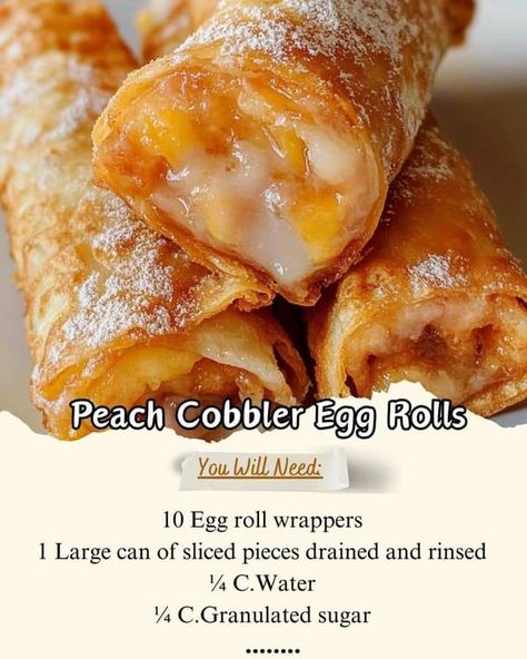 Peach Cobbler Egg Rolls, Egg Roll Ingredients, Egg Rolls Recipe, Yummy Dessert Recipes, Easy Home Recipes, Peach Dessert, Peach Dessert Recipes, Fried Pies, Delish Desserts