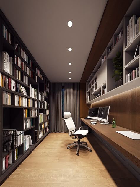 Home Library Rooms, Outfit Office, Modern Home Offices, Cool Office Space, Study Room Design, Interior Design Per La Casa, Modern Office Interiors, Small Home Offices, Home Library Design