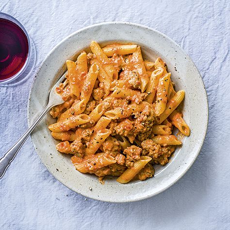 Bring a little extra magic to midweek meals with chef and food writer Claire Thomson’s Spicy Sausage, Tomato and Mascarpone Pasta. Pork Bolognese, Penne Bolognese, Mascarpone Pasta, Pork Mince Recipes, Pork Pasta, Minced Beef Recipes, Minced Meat Recipe, Pasta Bolognese, Mince Recipes