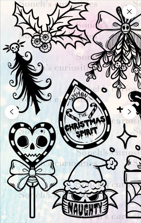 Creepy Christmas Tattoo Flash, Goth Christmas Drawings, Gothic Christmas Drawing, Nightmare Before Christmas Christmas Art, Goth Christmas Art, Christmas Flash Art, Krampus Tattoo Design, Spooky Christmas Drawing, Gothic Christmas Decorations Diy