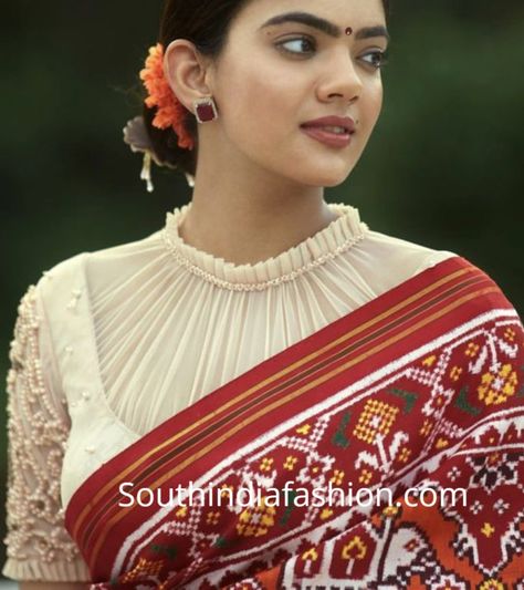 FotoJet 50 Patola Blouse Design, Latest Silk Blouse Designs, Collar Blouse Designs, Patola Blouse, Ruffle Blouse Designs, Saree Jacket Designs, Pattern Blouses, Silk Saree Blouse Designs Patterns, Long Blouse Designs