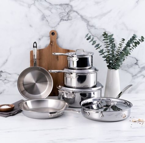 10 Piece Pots and Pans Set - D3 Everyday Stainless | All-Clad May Sarton, Stainless Steel Pots And Pans, Nonstick Pans, Hard Water Spots, Sandwich Sides, Oven Cleaner, Stainless Steel Pans, Copper Cookware, Stainless Steel Pot