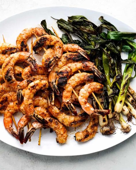 Grilled Miso Butter Shrimp with Charred Scallions - Whisper of Yum Miso Shrimp, Whisper Of Yum, Summer Skewers, Scallions Recipes, Aphrodisiac Foods, Miso Butter, Grilling Sides, Butter Shrimp, Grilled Seafood