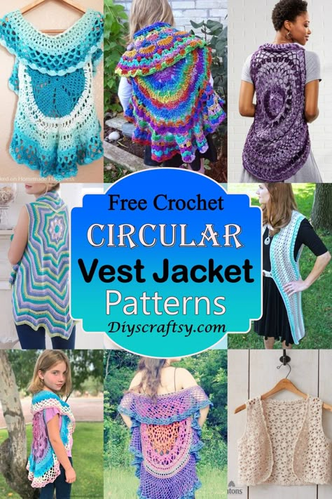 Crochet Circle Vest Free Pattern Easy, Fae Vest Crochet Pattern, Crochet Circular Vest, Circle Vest Crochet Pattern Free, Boho Crochet Patterns Free Bohemian, Crocheted Vest Patterns Free, Crochet Circle Vest Free Pattern, Crochet Hippie Clothes, Crochet Circle Jacket Free Pattern