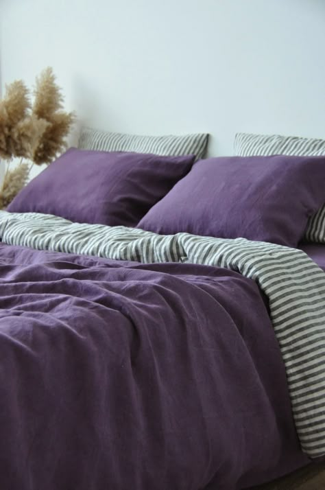 Double-sided deep purple and white&gray stripe duvet cover – True Things Purple Bedding Sets Bedroom, Deep Purple Bedding, Lavender And Orange Bedroom, Purple And Green Bedroom Decor, Purple And Green Bedding, Bedroom Inspo Purple, Green And Purple Bedding, Purple Bedding Aesthetic, Bed Color Combinations