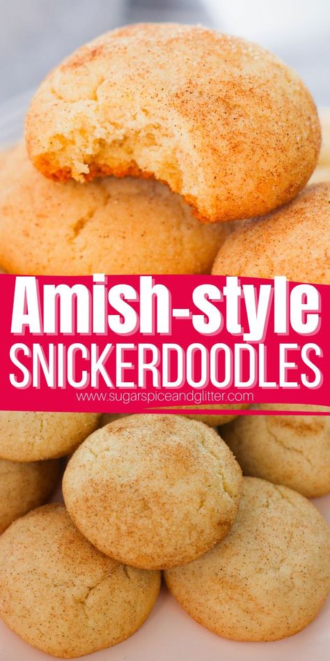 These Amish Snickerdoodle Cookies are a rich, melt-in-your-mouth sugar cookie coated in cinnamon-sugar. Just one batch yields a ton of cookies, making this recipe perfect for cookie exchanges or feeding a crowd at a party. Amish Cookies, Amish Friendship Bread Starter Recipes, Powdered Sugar Cookies, Snickerdoodle Cookies Easy, Amish Sugar Cookies, Cookies Making, Cranberry Orange Shortbread Cookies, Meltaway Cookies, Snickerdoodle Recipe