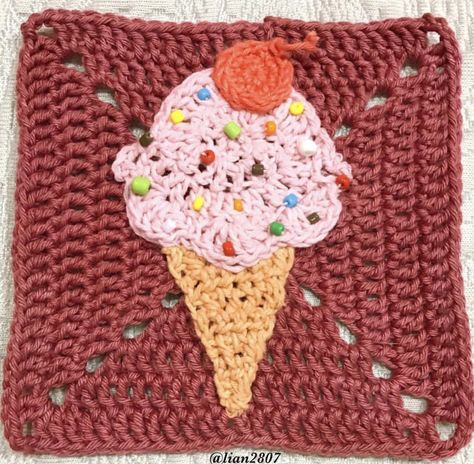 Crochet Granny Square - Crochet Motif - Crochet Patterns - Crochet Projects - Crochet Craft Ice Cream Granny Square, Cupcake Granny Square Crochet, Candy Granny Square, Pie Granny Square, 3d Granny Square Pattern, Food Granny Square, Fruit Granny Square, Fun Granny Squares, 3d Granny Squares