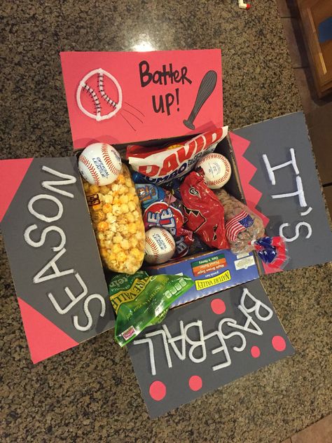 Baseball care package                                                                                                                                                     More College Boyfriend Gifts, Baseball Gift Basket, Baseball Boyfriend Gifts, Gifts For Boyfriend Long Distance, Boyfriend Baseball, Baseball Boyfriend, Bf Gifts, Presents For Boyfriend, Gifts For Boyfriend