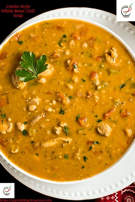 Cajun White Chicken Chili, Creole Soup, White Beans And Tomatoes, White Chicken Chili Soup, Chicken Chili Soup, Creamy White Beans, Beans And Tomatoes, Slow Cooker Corned Beef, Green Chilis