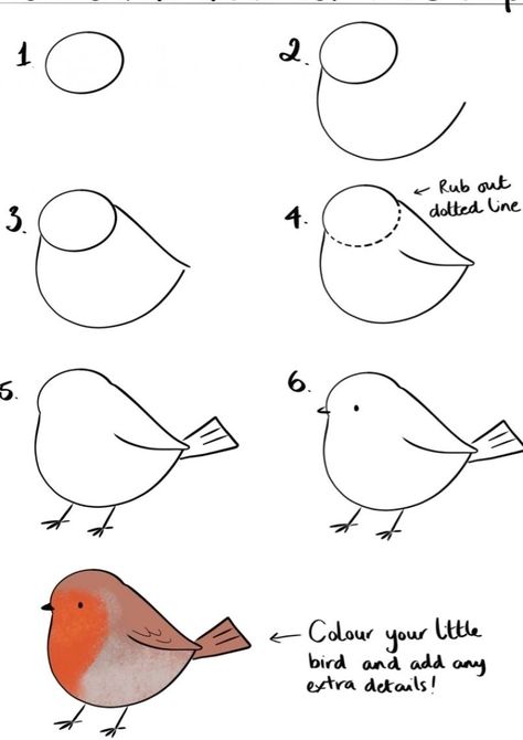 Trin For Trin Tegning, Easy Christmas Drawings, Easy Doodle, Easy Doodle Art, Drawings For Kids, Christmas Drawing, Step Drawing, Art Drawings For Kids, Bird Drawings