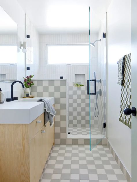 Checkered Tile Made This Bathroom Fit for the Grandma of the House Checkered Shower Floor, Checkerboard Bathroom Floor, Checkerboard Tile, Checkered Tile, Guest Bathroom Renovation, Caesarstone Countertop, Walk In Tubs, Master Shower, Fireclay Tile