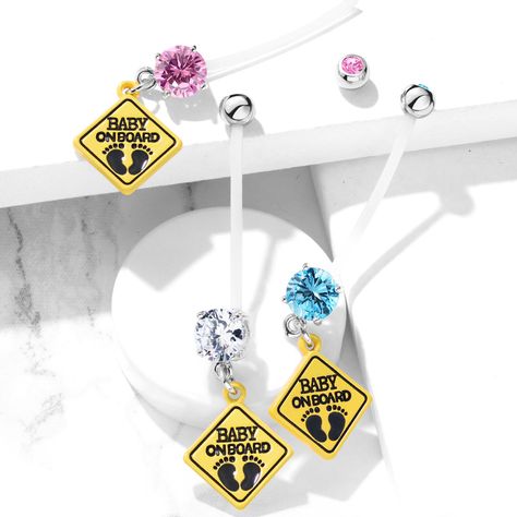 Double Jeweled Prong Set Round CZ with Baby on Board Sign Dangle Pregnancy Belly Rings Bioflex with 316L Surgical Steel Balls (NPG-1016)   - Wholesale only ✈️Ships worldwide 📧 info@hbjus.com 📞1-866-425-2665 - #piercings #bellyrings #bodyjewelry #jewelry #fashion Maria Tash Earrings, Opal Belly Ring, Pregnancy Belly Rings, Pregnancy Belly, Gold Belly Ring, Cartilage Jewelry, Navel Jewelry, Baby On Board, Silver Nose Ring