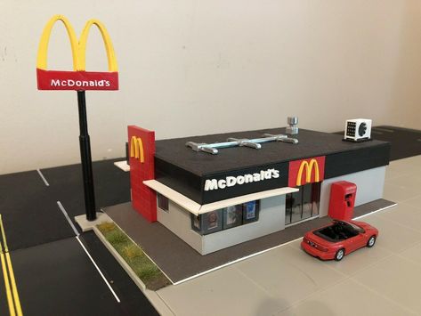 1:87 HO Scale McDonalds Restaurant Scratch-built Building For Diorama Layouts Mcdonald’s Building, Restaurant Diorama, Mcdonalds Restaurant, City Diorama, Restaurant Display, Diorama Project, Old License Plates, Ho Scale Buildings, Mcdonald's Restaurant