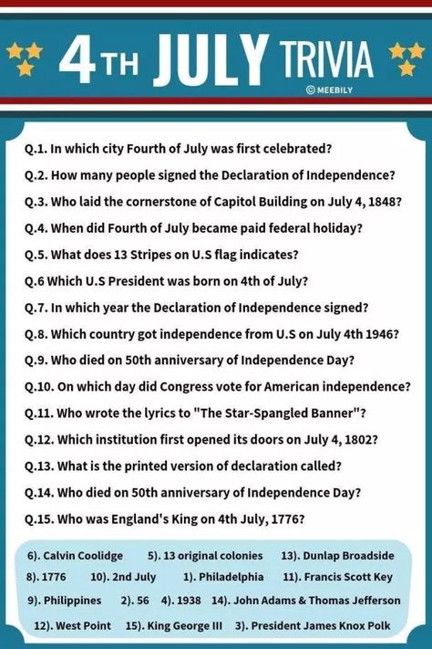 Print the ultimate Fourth of July Trivia Quiz with Answers that is completely free and fun to play ! #July #trivia #quiz #game #questions #answers #trivianight #printables #TriviaTradition #JulyParty #JulyComing #JulyFun #partygame #4thJulygame 4th Of July Trivia Questions And Answers, Summer Trivia Questions And Answers, July Activities For Seniors, Fourth Of July Trivia, Fourth Of July Games, 4th Of July Trivia, Trivia Questions For Kids, July Activities, 4th Of July Games