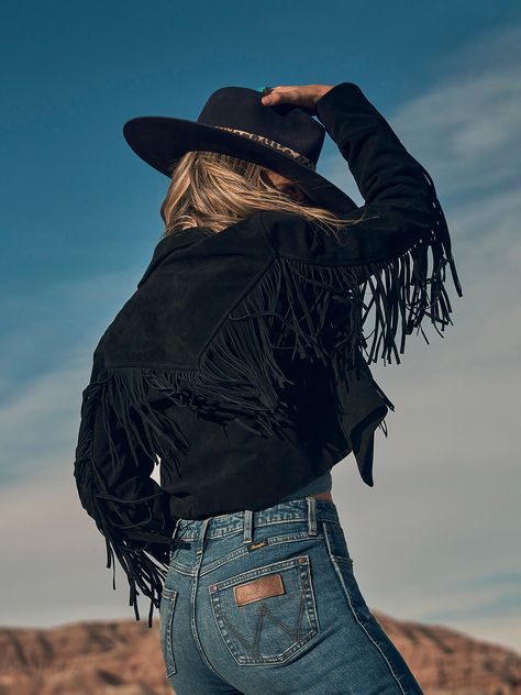 Women's Wrangler Retro® Suede Fringe Jacket Wrangler Jacket Outfit, Fringe Leather Jacket Outfit, Suede Fringe Jacket Outfit, Texas Gothic, Fringe Jacket Outfit, Black Fringe Jacket, Western Fringe Jacket, Leather Fringe Jacket, Wrangler Black