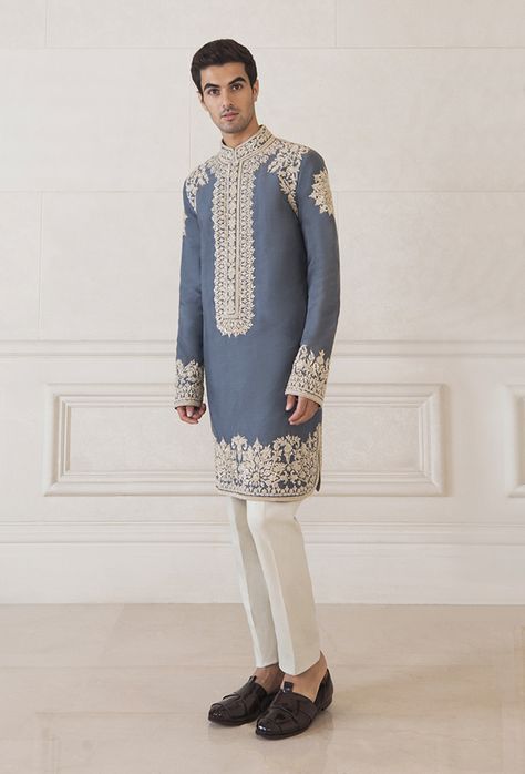 Black Dori Sherwani Set | Manish Malhotra Manish Malhotra Menswear, Dori Embroidery, Manish Malhotra, Silk Kurta, Silk Tulle, Dupion Silk, Contemporary Chic, Blue Peach, Manish