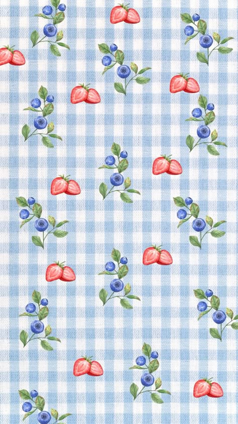 Fresh summer dessert with blueberries, strawberries, and gingham pattern. Gingham Aesthetic Wallpaper, Blueberry Phone Wallpaper, Cute Kitchen Wallpaper, Cute Blueberry Wallpaper, Gingham Wallpaper Iphone, Cherry Cute Wallpaper, Picnic Background, Summer Backgrounds Iphone, Berry Background