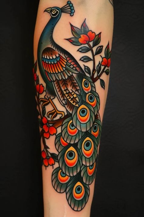 Peacock tattoo design on a forearm featuring vibrant colors and intricate details. White Peacock Tattoo, Traditional Peacock Tattoo, Peacock Tattoo Sleeve, Peacock Tattoo Ideas, Peacock Tattoos, Barcode Tattoo, Stomach Tattoo, Peacock Feather Tattoo, Peacock Tattoo