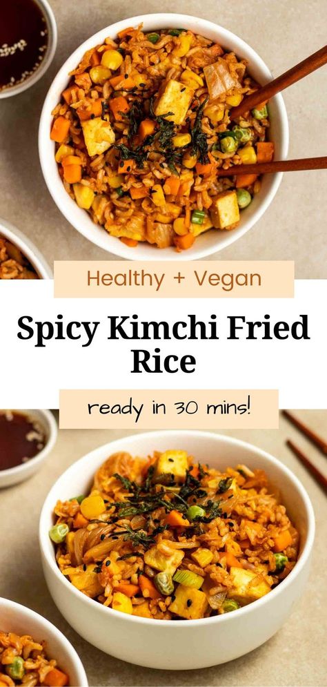 This vegan kimchi fried rice is spicy, savory, and packed with flavors! An easy Korean meal that is simple to prepare and ready in 30 minutes. Recipes With Kimchi, Fried Rice With Tofu, Spicy Kimchi, Vegan Kimchi, Cooking Tofu, Vegan Asian Recipes, Vegan Recipes Plant Based, Kimchi Fried Rice, Kimchi Recipe