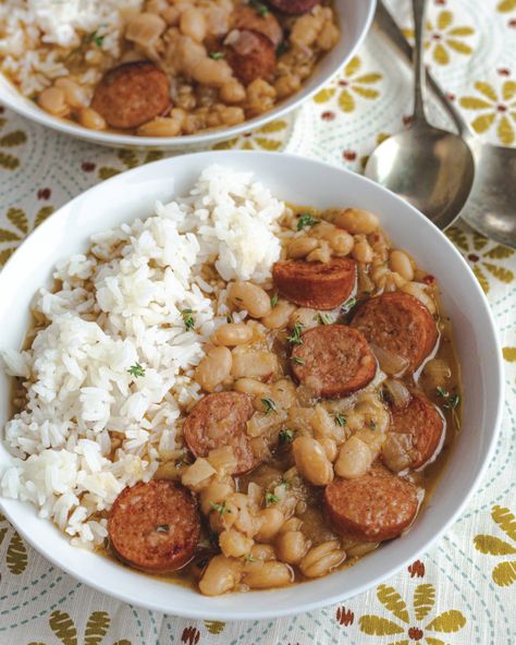 White Beans and Sausage – Garden & Gun Chicken Sausage And White Beans, White Beans Over Rice, Southern Pork And Rice, Country Lunch Ideas, White Bean And Sausage Skillet, White Bean Sausage Skillet, White Beans Sausage, Chicken And Beans Recipe Healthy, Cajun White Beans And Sausage