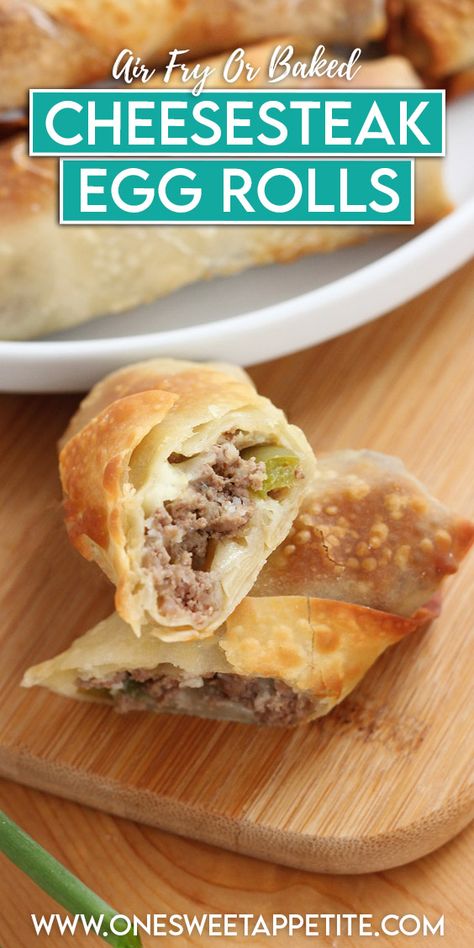 Baked Philly Cheesesteak Egg Rolls Cheese Steak Egg Rolls Air Fryer, Philly Cheesesteak Eggrolls, Baked Eggrolls, Cheese Steak Egg Rolls, Cheesesteak Eggrolls, Egg Rolls Baked, Philly Cheesecake, Philly Cheesesteak Egg Rolls, Wrapper Recipes