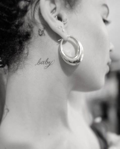 Rihanna Neck Tattoo, Zoe Kravitz Tattoos, Word Neck Tattoos, Patience Tattoo, Dr Woo, Neck Tattoos Women, Elbow Tattoos, Upper Arm Tattoos, Latest Tattoos