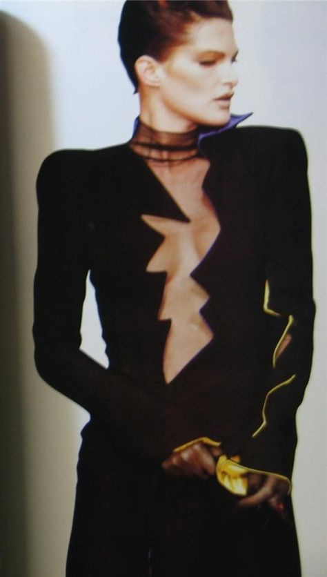 Thierry Mugler, 80s dress with zigzag lightning bolt cutout down the bodice. 80s Mugler, Lightning Fashion, Thierry Mugler 80s, Lightning Dress, Blue Runway, Carpet Blue, The Secret Label, Zig Zag Dress, Fashion 80s