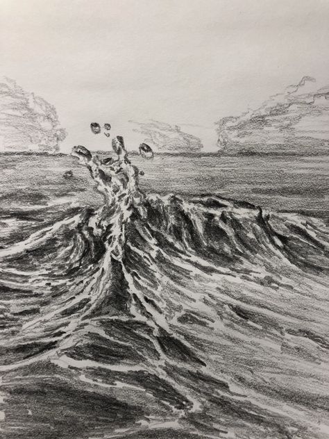 Water Sketch Pencil, Ocean Waves Drawing Pencil, Water Ripples Drawing Pencil, Ocean Waves Sketch, Ocean Wave Sketch, Storm Drawing, Charcoal Waves Drawing, Waves Sketch, Water Sketch