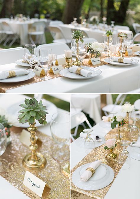 White And Gold Wedding Themes, White Wedding Table Decor, Gold Table Decorations, Gold Table Decor, Gold Table Setting, White Table Settings, Gold Table Runners, Fest Temaer, Tafel Decor