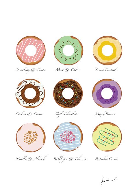 Donut Design © Jeanie Design 2017 Donut Design Graphics, Donut Menu Design, Donut Doodle, Donut Packaging, Donut Drawing, Custard Cookies, Donut Design, Lemon Custard, Pistachio Cream