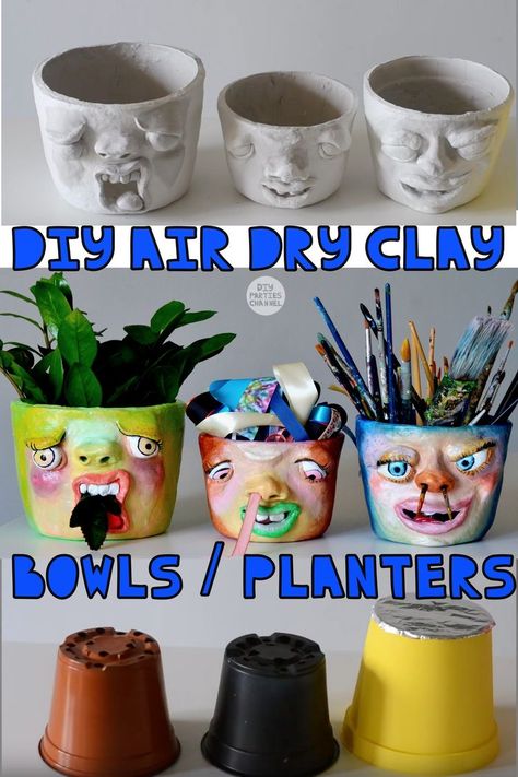 Air Clay Planters, Air Clay Flower Pot, Projects With Air Dry Clay, Air Dry Planter, Clay School Projects, Sculpey Clay Pots, Air Dry Clay Plant Pot Ideas, Clay Crafts Air Dry Incense, Air Clay Crafts Ideas