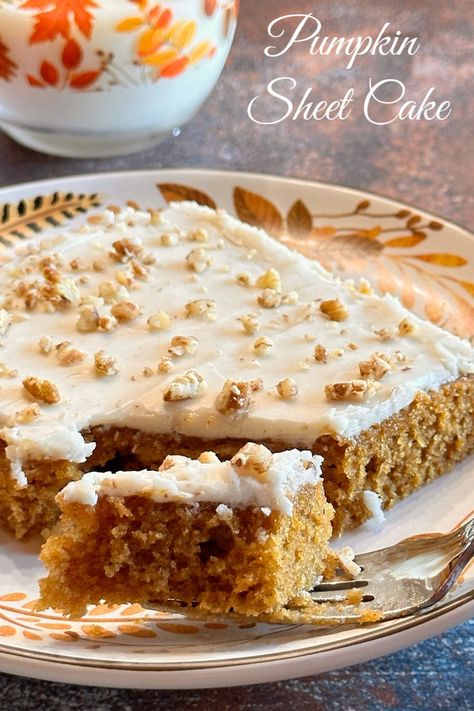 A piece of pumpkin sheet cake with brown butter frosting with a forked bite. Pumkin Cake, Brown Butter Cream Cheese Frosting, Brown Butter Cream Cheese, My Country Table, Pumpkin Sheet Cake, Butter Cream Cheese Frosting, Berry Recipes, Birthday Sheet Cakes, Pumpkin Cake Recipes