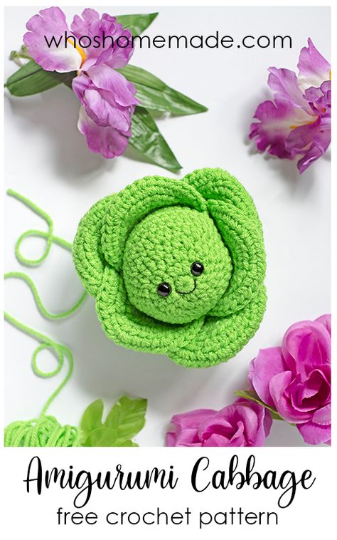 pinterest pin for the cabbage crochet pattern by The Turtle Trunk Crochet Cabbage, Crochet Vegetables, Food Crochet, Tutorial Amigurumi, Crochet Fruit, Crochet Food, Crochet Amigurumi Free, Crochet Diy, Play Food