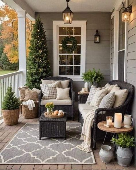 Small Porch Sitting Area, Rustic Farmhouse Porch Ideas, Front Porch Furniture Layout Ideas, Coastal Farmhouse Front Porch, Farmhouse Patio Decorating Ideas, Farmhouse Front Porch Furniture, Porch Styling Ideas, Front Porch Patio Ideas, Patio Ideas Farmhouse