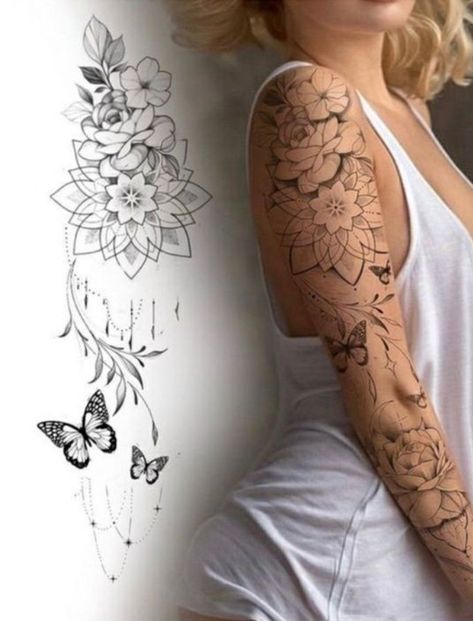 Lace Sleeve Tattoos, Women Strength, Arm Sleeve Tattoos For Women, Floral Tattoo Shoulder, Feminine Tattoo Sleeves, Boho Tattoos, Mommy Tattoos, Full Arm Tattoos, Strength Tattoo