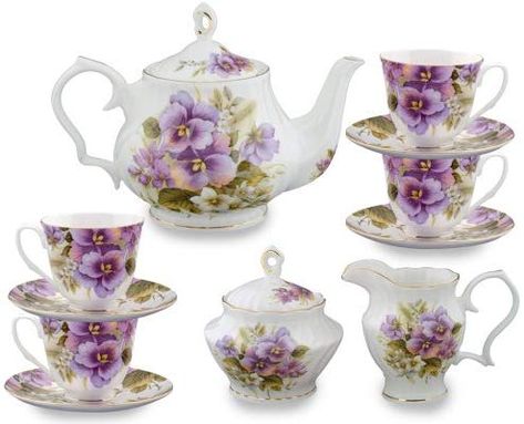 Gracie Bone China 11-Piece Tea Set, Purple Pansy Glass Tea Set, China Teapot, Bone China Tea Set, Coffee Sets, Purple Pansy, Pretty China, Porcelain Tea Set, China Tea Sets, Beautiful Tea