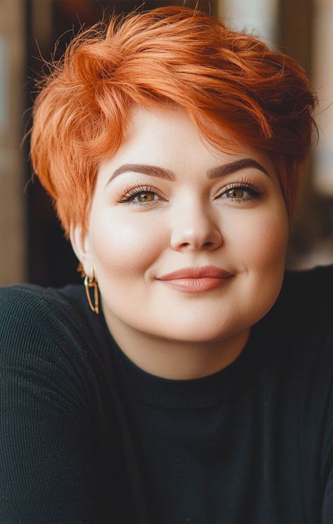 Fuller Face Hairstyles For Women, Chin Length Hair Plus Size, Pixie Hair Plus Size, Pixie Cut On Chubby Face, Short Hairstyles For Full Faces, Pixie Haircut For Round Faces Thick Hair, Pixie On Plus Size Women, Pixies For Round Faces, Short Haircuts For Women Chubby Face