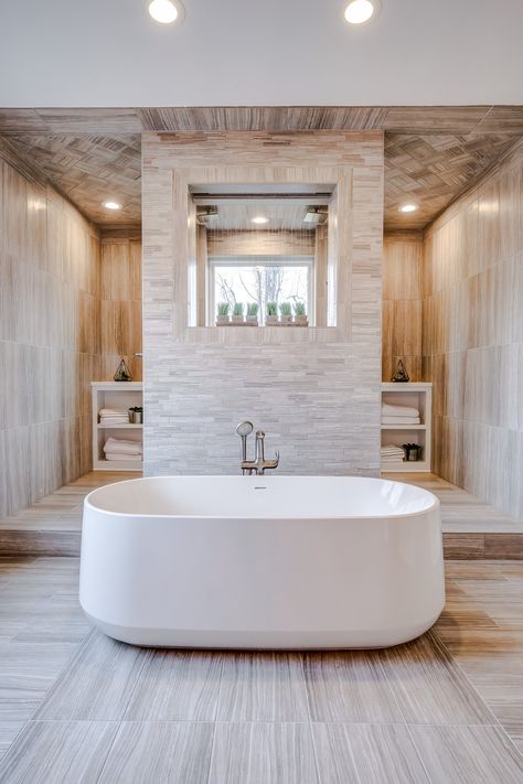 Fireplace In Shower Wall, Tub In Center Of Master Bath, Master Suite Bathroom Luxury, Shower With Two Entrances, Million Dollar Bathrooms Master Bath, Bathtub In The Middle Of The Bathroom, Stone Around Bathtub, Bathtub In Front Of Shower Master Bath, Master Bath Shower Behind Tub