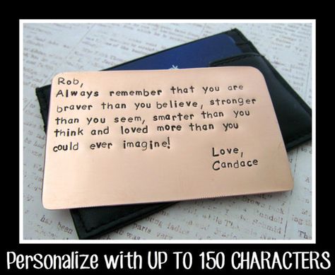 Copper Wallet Insert Card - Personalized Letters Numbers Hand Stamped - UP TO 150 Characters - Husband Boyfriend 7 Seven Year Anniversary on Etsy, $39.13 AUD Personalized Wallet Card, Personalized Mens Wallet, Wallet Insert Card, Wallet Insert, Copper Gifts, 7 Seven, Distance Gifts, Couple Things, Valentine Ideas