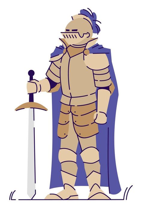 Medieval knight wearing armor semi flat RGB color vector illustration. Standing figure. Live action role playing game. Medieval period person isolated cartoon character on white background Fantasy Soldier, Outline Cartoon, Cartoon Knight, Knight Drawing, Metal Armor, Vector Illustration Character, Medieval Period, Illustration Background, Medieval Armor