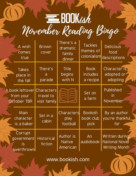 Spice Up Your Fall Reading with November Bookish Bingo Bookish Bingo, Book Bingo, November Reading, Reading Bingo, November Books, Reading List Challenge, Fall Reading, Book Writing Inspiration, Book Challenge