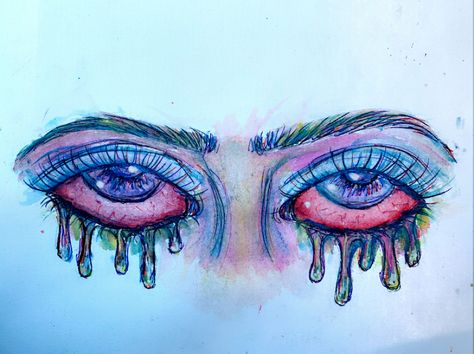 I started off with drawing the eyes with pen then outlined them kind of messy with two different colored markers. Then I used water color over it making it more colorful Dripping Eye Painting, Messy Eye Drawing, Trippy Eyes Painting, Neon Eye Drawing, Funky Eye Drawing, Droopy Eyes Drawing Trippy, Drippy Eyes Drawing, High Eyes Drawing, Trippy Eye Drawing