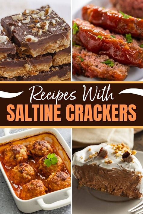 From salty-sweet snacks and dreamy pies to savory meatballs and tender crab cakes, these recipes with saltine crackers are as versatile as they are delish! Recipes With Saltine Crackers, Saltine Cracker Recipes, Toffee Dessert, Saltine Cracker Toffee, Ritz Cracker Recipes, Savory Meatballs, Salty Sweet Snacks, Homemade Toffee, Cracker Toffee